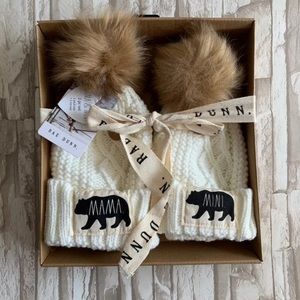 Rae Dunn Mamma and Mini Bear Matching Beanie with Faux Fur Pom